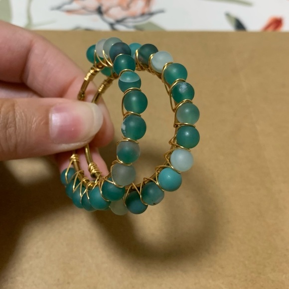 Natural stone hoop earrings, green tones - Picture 2 of 4